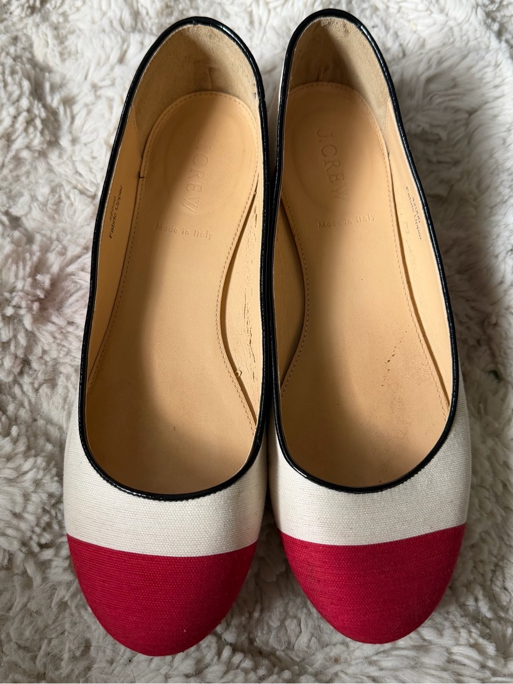 J. Crew Nora Red and White Canvas Ballet Flats with Black Trim